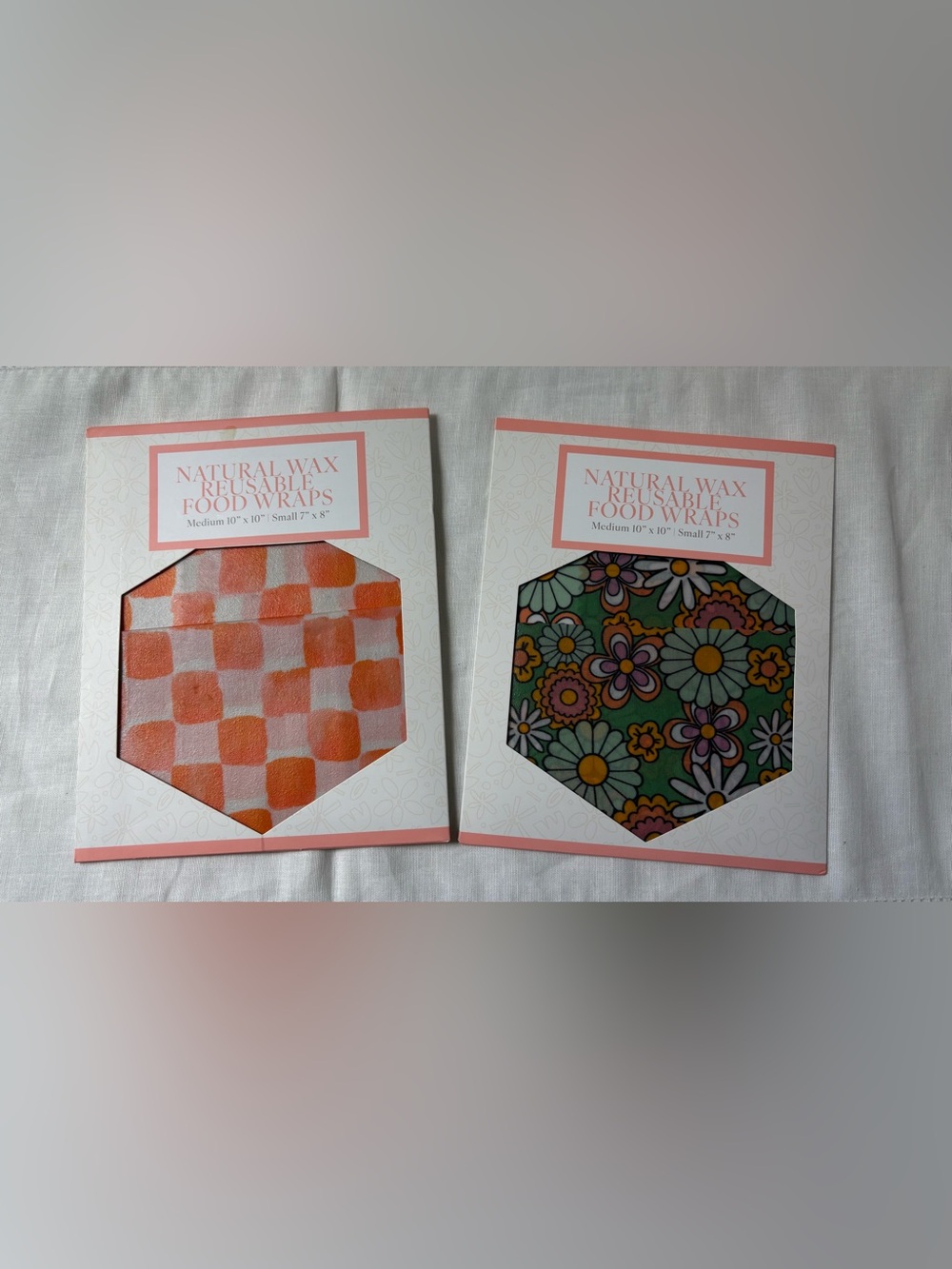 Natural Reusable Food Wraps - Orange Checker & Floral Patterns 2-Med & 2-Small - Picture 2 of 3